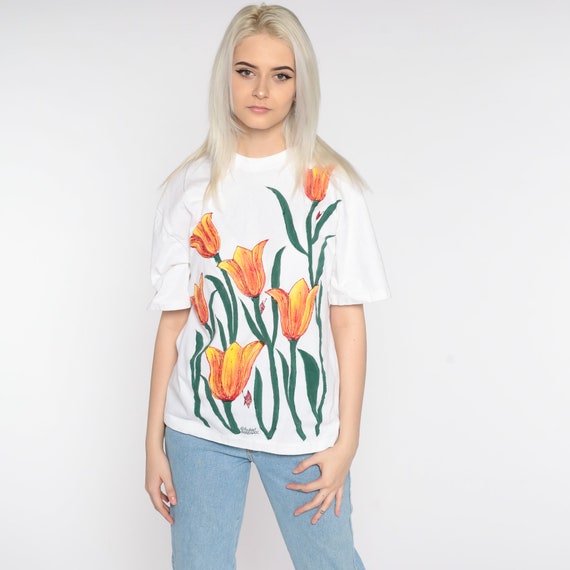 Floral T Shirt Hand Painted Shirt 90s Floral Tee Graphic Barbados Single Stitch Short Sleeve TShirt Vintage Medium