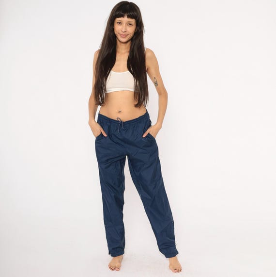 90s Asics Windbreaker Pants Navy Blue Track Drawstring Straight Leg Athletic Joggers Sportswear Vintage Trousers Cobalt Warm Up Medium M