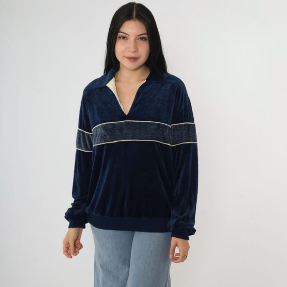 80s Striped Velour Sweatshirt Navy Blue Pullover Tan Grunge Sweater Retro Long Sleeve Top 1980s Plain Normcore Men's Medium M