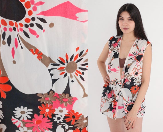 Floral Tank Top 70s Wrap Shirt Sleeveless Blouse Flower Print Summer Mod Groovy Hippie Vest White Brown Pink Red Black Vintage 1970s Medium