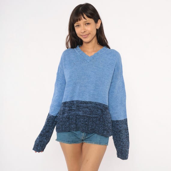 90s Colorblock Sweater Blue Cotton Knit Pullover Marled Cable Stitch Westbound Relaxed Fit Vintage Long Sleeve Top Academic Extra Large XL