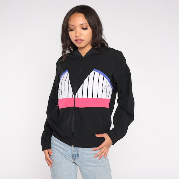 90s Track Jacket Black Colorblock Striped Zip Up Windbreaker Sporty Streetwear Y2K Vintage Running Warm Up Gym Fitness Athleisure Medium M