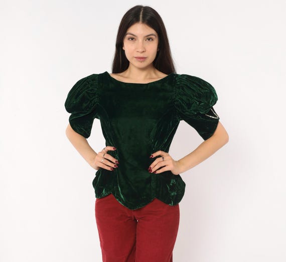 Emerald Velvet Puff Sleeve Blouse 80s Forest Green Bow Back Top Rhinestone Shirt Romantic Goth Renaissance Medieval Revival Vintage Medium M