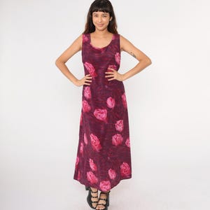 90s Floral Maxi Dress Pink Rose Print Zebra Stripe Sundress Day Dress Purple Sleeveless Sun Tank Retro Summer Vintage 1990s Medium Large