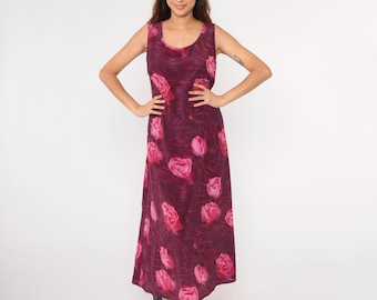 90er Floral Maxi Kleid Pink Rosen Print Zebra Streifen Sommerkleid Tageskleid Lila Ärmellos Sun Tank Retro Sommer Vintage 90er Jahre Medium Large