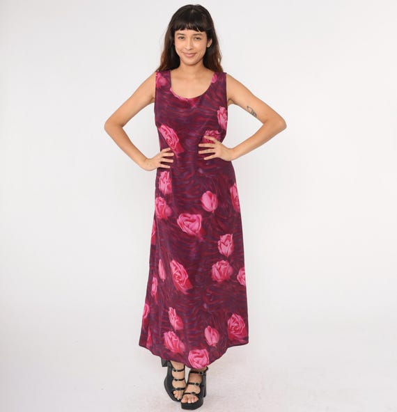 90s Floral Maxi Dress Pink Rose Print Zebra Stripe Sundress Day Dress Purple Sleeveless Sun Tank Retro Summer Vintage 1990s Medium Large