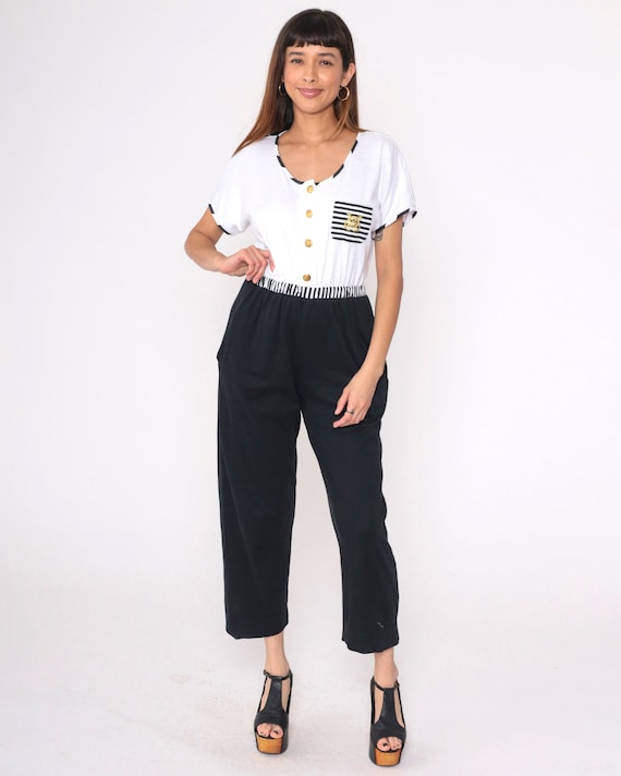 80s Jumpsuit Nautical Pants Black White Striped Sailor Gold Embroidered Anchor Button Up Pocket Vintage Short Sleeve Romper Pants Medium