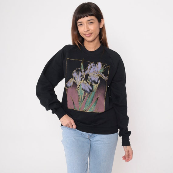 Glitter Floral Sweatshirt 90s Black Sparkly Flower Print Sweater Retro Graphic Raglan Sleeve Vintage 1990s Jerzees Medium Large