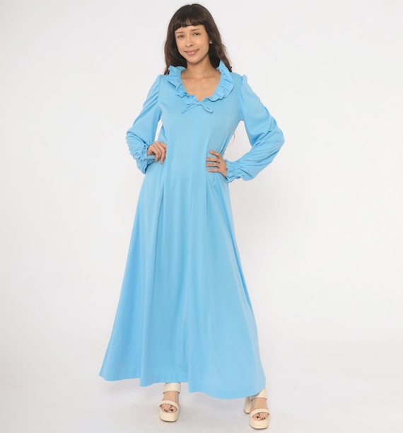 70s Ruffle Collar Maxi Dress Sky Blue Bow Tie Puff Sleeve Gown Powder Periwinkle Prairie Cottagecore Coquette Feminine Vintage Women Large L