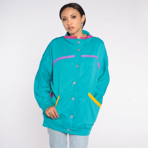 Teal Green Jacket 80s Button Up Sweatshirt Retro Grunge Sweater Hipster Sporty Streetwear Sports Coat Plain Vintage 1980s Small Medium Large