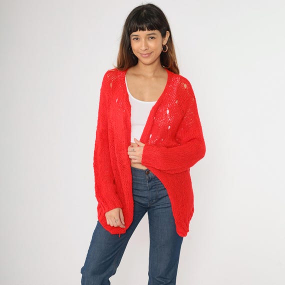Vintage Sheer Red Cardigan Sweater 70s Open Front Wrap See Through Long Sleeve Pointelle Open Weave Sweater 1970s Bright Boho Large