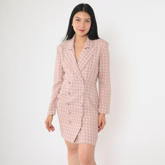 90s Pink Checkered Dress Double-Breasted Jacket Dress with Long Sleeves and Notched Lapel 1990s Office Sheath Dress Preppy Small 3