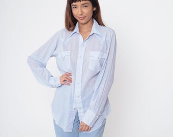 Blue Western Shirt 80s Light Blue Chambray Vintage Western Fashions Long Sleeve Button Up Cowboy Rodeo Ranch Wear Work Shirt Medium M 10