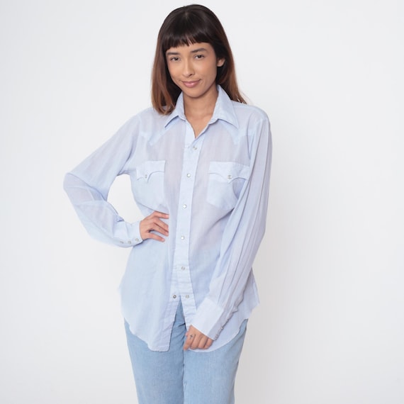 Blue Western Shirt 80s Light Blue Chambray Vintage Western Fashions Long Sleeve Button Up Cowboy Rodeo Ranch Wear Work Shirt Medium M 10