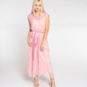 Pink Lace Dress 70s Party Dress Floral Midi Dress Cap Sleeve High Waisted Bow Scalloped Formal Cocktail Prom Vintage 1970s Extra Small xs