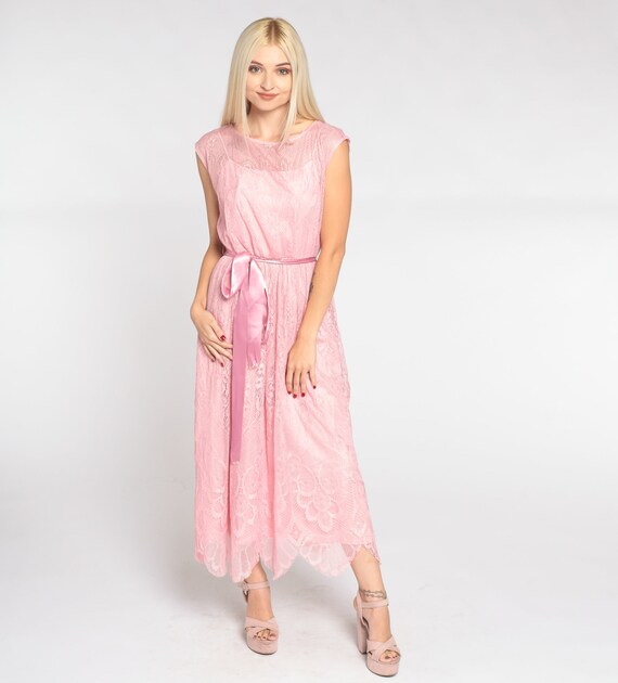 Pink Lace Dress 70s Party Dress Floral Midi Dress Cap Sleeve High Waisted Bow Scalloped Formal Cocktail Prom Vintage 1970s Extra Small xs
