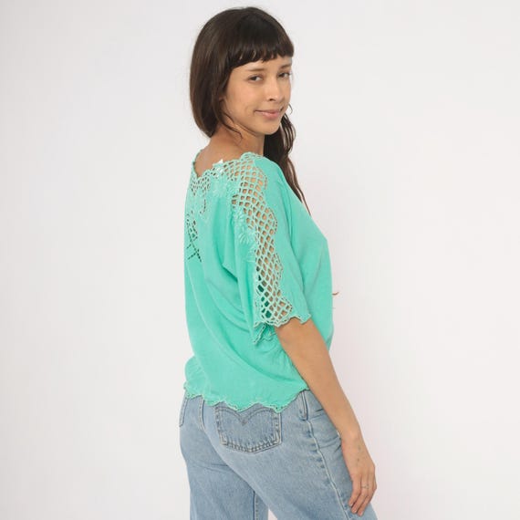Cutwork Lace Teal Blouse 90s Embroidered Floral Top Mint Green Scalloped Hem Boxy Batwing Sleeve Aqua Dotted Swiss Peasant Vintage Small S