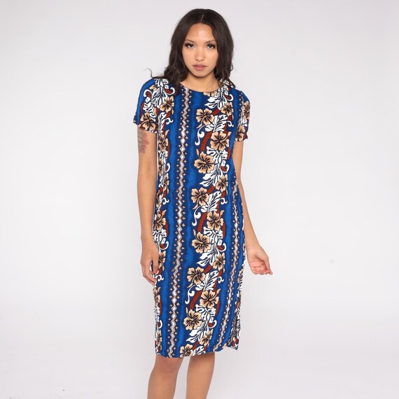 90s Blue Hawaiian Dress Tribal Stripe Pattern Hibiscus Floral Geometric Rayon Summer Dress Vacation Resort Beach Wear Sundress Small S