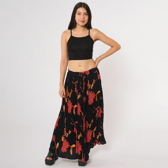 Floral Maxi Skirt 90s Black Red Orange Pleated Drawstring Waist Boho Festival Fall Autumn Flowing Broomstick Romantic Peasant Small S