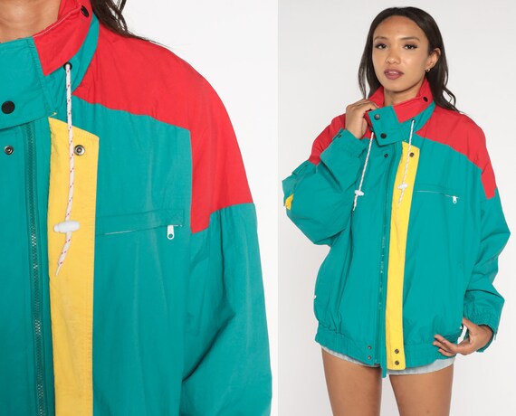 80s Windbreaker Color Block Jacket Teal Green Red Yellow Etsy
