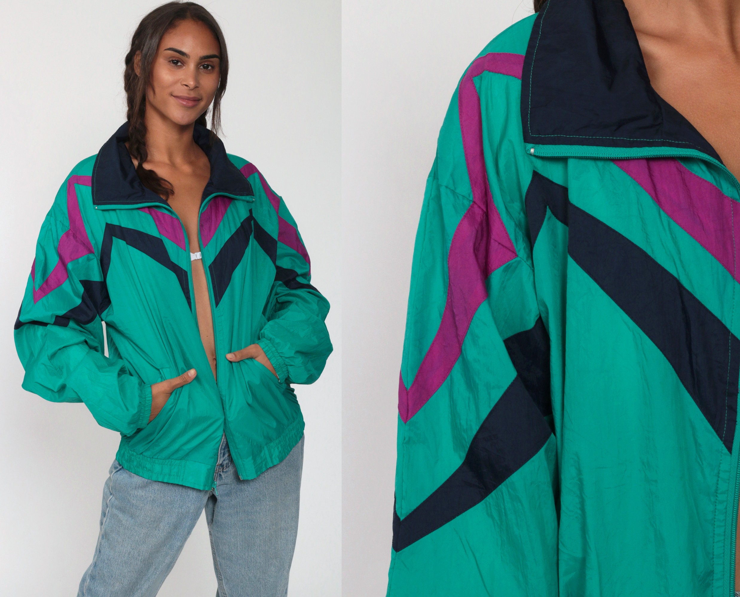 Green Windbreaker Jacket 90s Striped 