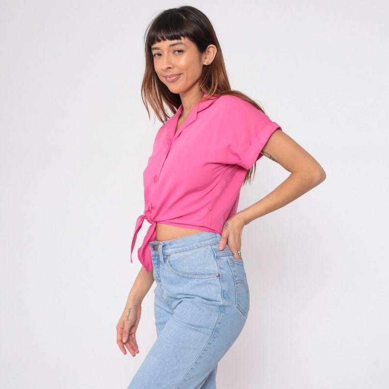 Bright Pink Crop Top 90s Tie Waist Cropped Blouse Plain Short Cuffed Sleeve Shirt Collared Button Up Shirt Normcore Vintage Medium image 4