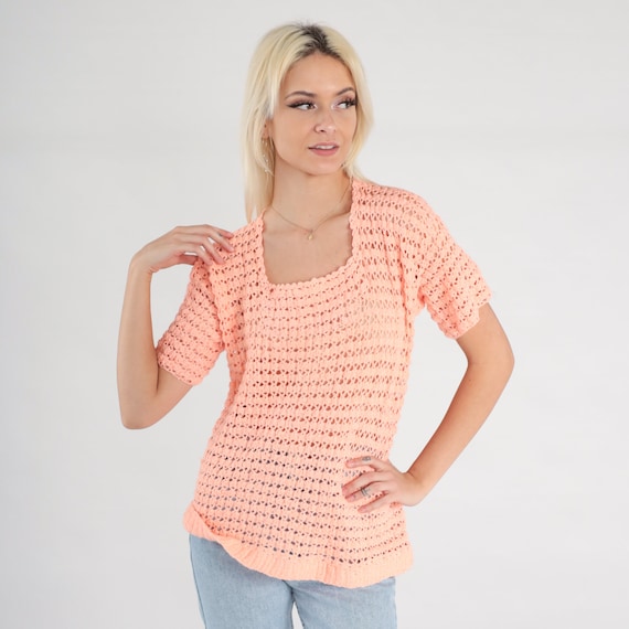 Orange Crochet Top 80s Sheer Peach Blouse Open Weave Boho Shirt Bohemian Blouse See Through Retro Vintage Short Sleeve Small S