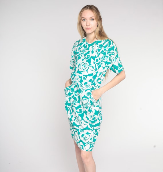 Vintage Rose Print Dress 90s Green Floral Pencil Dress Knee Length Faux Wrap Button Up Sheath Short Sleeve Retro Formal Party 1990s Medium M