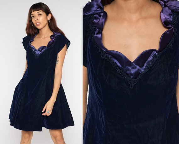 Velvet Party Dress 80s Navy Blue Velvet Ruffle Mi… - image 1