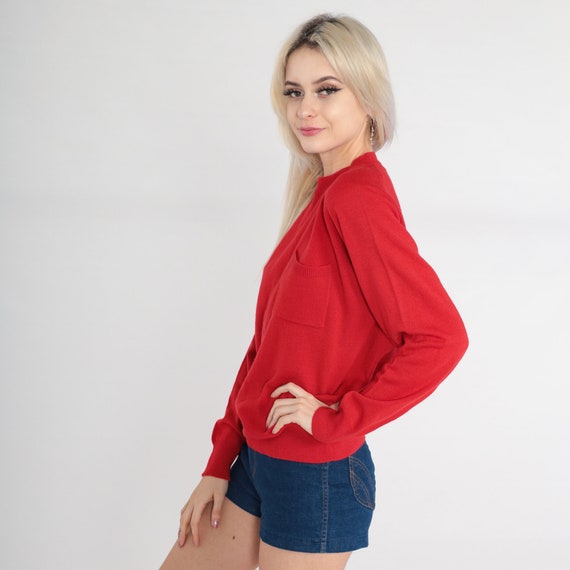 Red Knit Sweater 90s Plain Lambswool Pullover Cre… - image 4