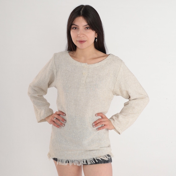 Oatmeal Fringe Top 90s Woven Shirt Button up Henley Long Sleeve Top Tan Neutral Blouse Vintage 1990s Jones New York Medium M