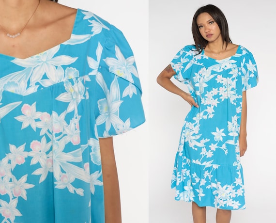 Hawaiian Tent Dress 90s Blue Tropical Floral Midi Dress Flower Print Short Tulip Sleeve Summer Festival Boho Lounge Vintage 1990s Large xl