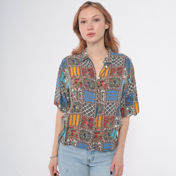 90s Patchwork Shirt Geometric Multi Color Turquoise Orange Red Blue Button Front Collar Boxy Abstract Floral Print Vintage Blouse Large L