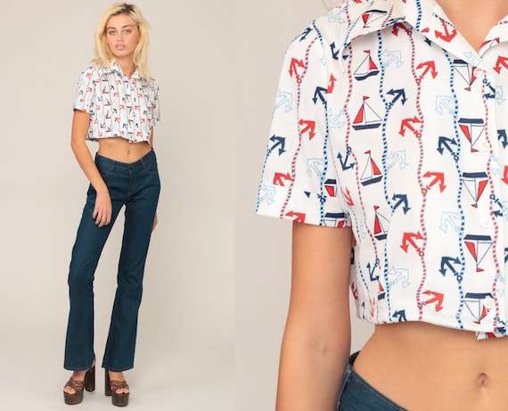 Sailor Crop Top NAUTICAL Cropped Shirt 70s Blouse Anchor Shirt Sailboat Button Up Disco Top Boho Hippie 1970s Seventies Small Medium