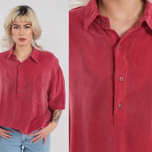 Red Polo Shirt 90s Silky Collared T-shirt Preppy Basic Slouchy Short Sleeve Top Banded Hem Half Button Up Plain Collar Vintage 1990s Mens XL image 1