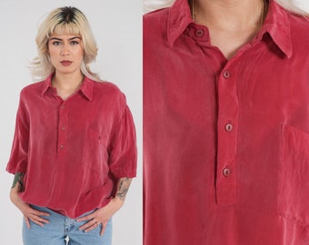 Red Polo Shirt 90s Silky Collared T-shirt Preppy Basic Slouchy Short Sleeve Top Banded Hem Half Button Up Plain Collar Vintage 1990s Mens XL