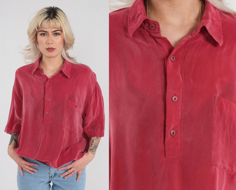 Red Polo Shirt 90s Silky Collared T-shirt Preppy Basic Slouchy Short Sleeve Top Banded Hem Half Button Up Plain Collar Vintage 1990s Mens XL image 1