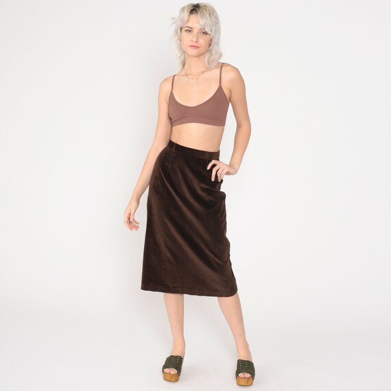 Brown Velvet Skirt Pencil Skirt 80s High Waisted Midi 1980s Party Skirt Cocktail Gothic Retro Vintage High Waist Extra Small xs