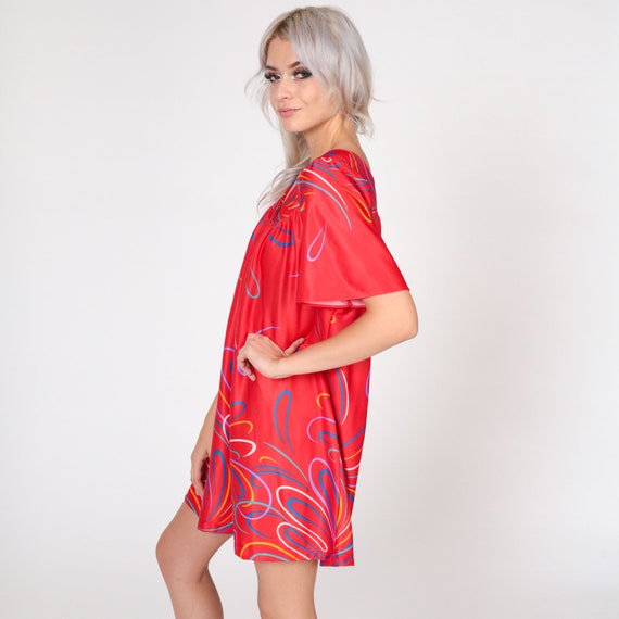 80s Lounge Dress Red Mini Tent Dress Abstract Flo… - image 4