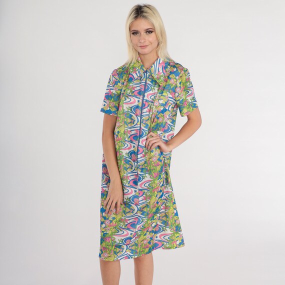 Groovy Floral Dress 70s Mod Zip Up Midi Dress Psychedelic Abstract Print Collared Shift Dress Short Sleeve Retro Day Vintage 1970s Large L