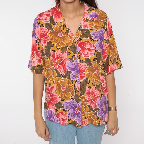 Floral Blouse 90s Leopard Print Button Up Shirt R… - image 7