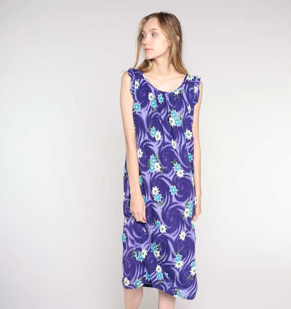 Floral Tent Dress Y2k Royal Purple Midi Dress Shift Psychedelic Swirl Print Boho Summer Dress Hippie Retro Cap SleeveVintage 00s Large L