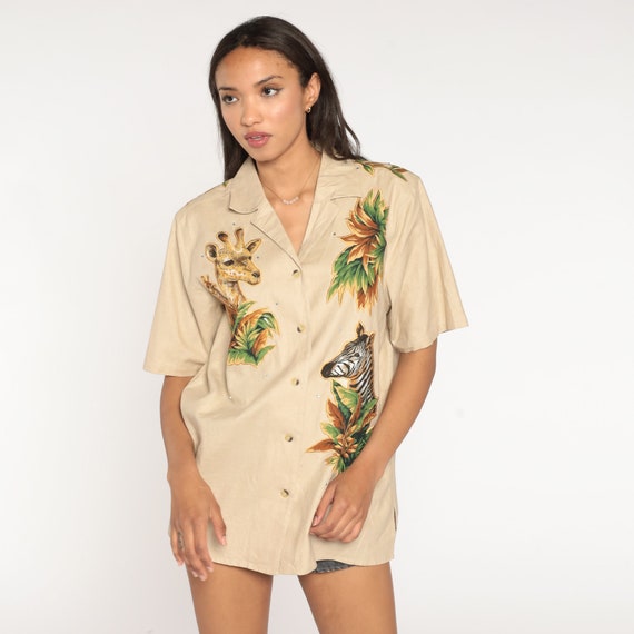 Safari Animal Shirt Zebra Shirt 00s Giraffe Top Rhinestone Africa Print Jungle Blouse Y2K Button Up Short Sleeve Cracker Factory Tan Large L
