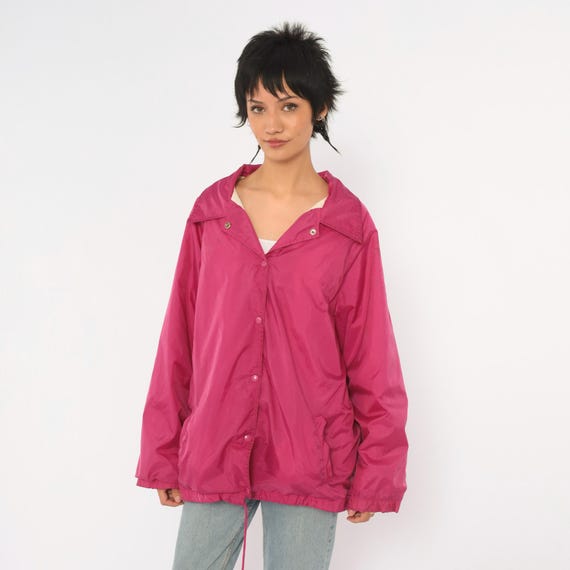 80s Burgundy Windbreaker Magenta Pink Snap Front Coach Jacket Long Sleeve Boxy Collared Sporty Unisex Rain Shell Vintage Extra Large XL