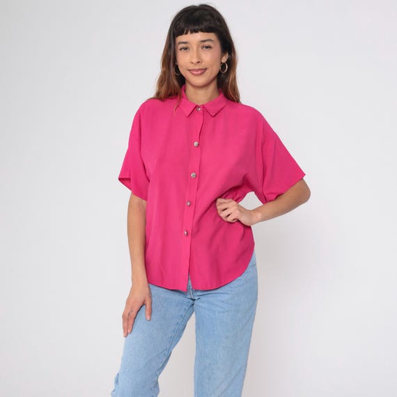 Hot Pink Blouse 90s Rayon Polyester Button Up Shirt Short Sleeve Magenta Top Silver Button Detail Collared Lightweight Vintage Medium M