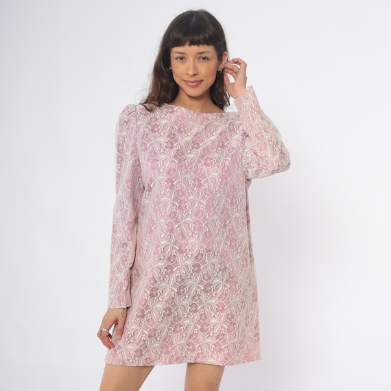 70s Purple Lace Mini Dress Long Sleeve Shift Floral Coquette Prairie Mauve Rose Vintage Romantic Feminine Sheer Overlay Cocktail Medium M