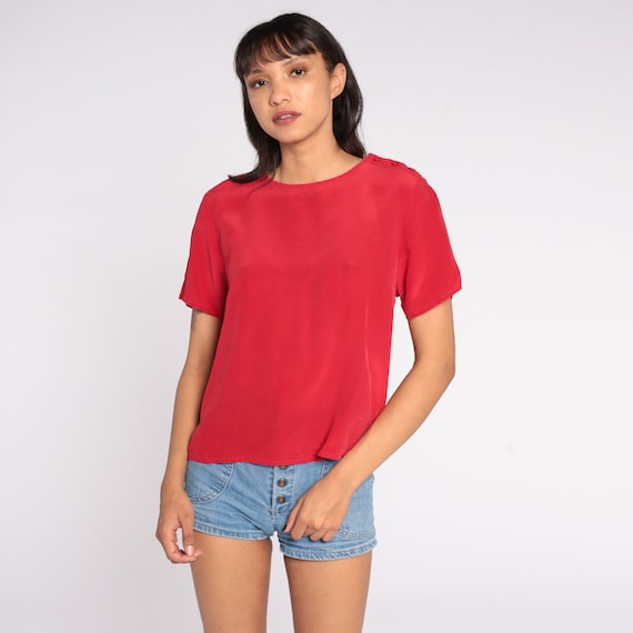 Red Silk Blouse Button Shoulder Plain Shirt Short Sleeve Top 80s Top 1980s Simple Basic Top Medium