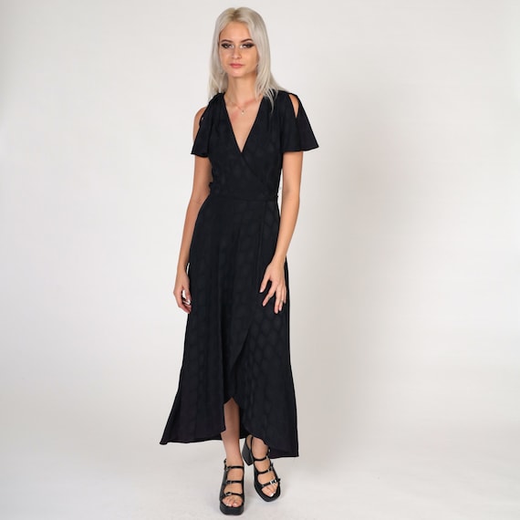 Black Party Dress 70s Flutter Sleeve Wrap Grecian Dress Maxi Embossed Geometric 1970s Boho Empire Waist Deep V Neck Drape Gown Small xs