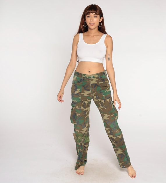90s Camo Cargo Pants Military Woodland BDU Cotton Distressed Army Green Brown Vintage USA Made Tactical Utility Pockets 34 32 Medium