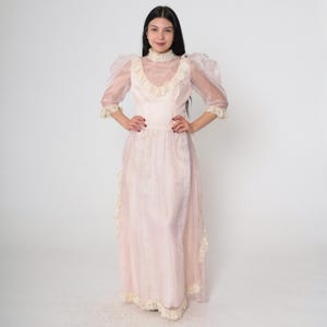 Vintage Pink Organza Formal Dress 80s Party Puff Sleeve Evening Gown Victorian Baby Pink Southern Belle Prom 1980s Pastel Maxi Small S